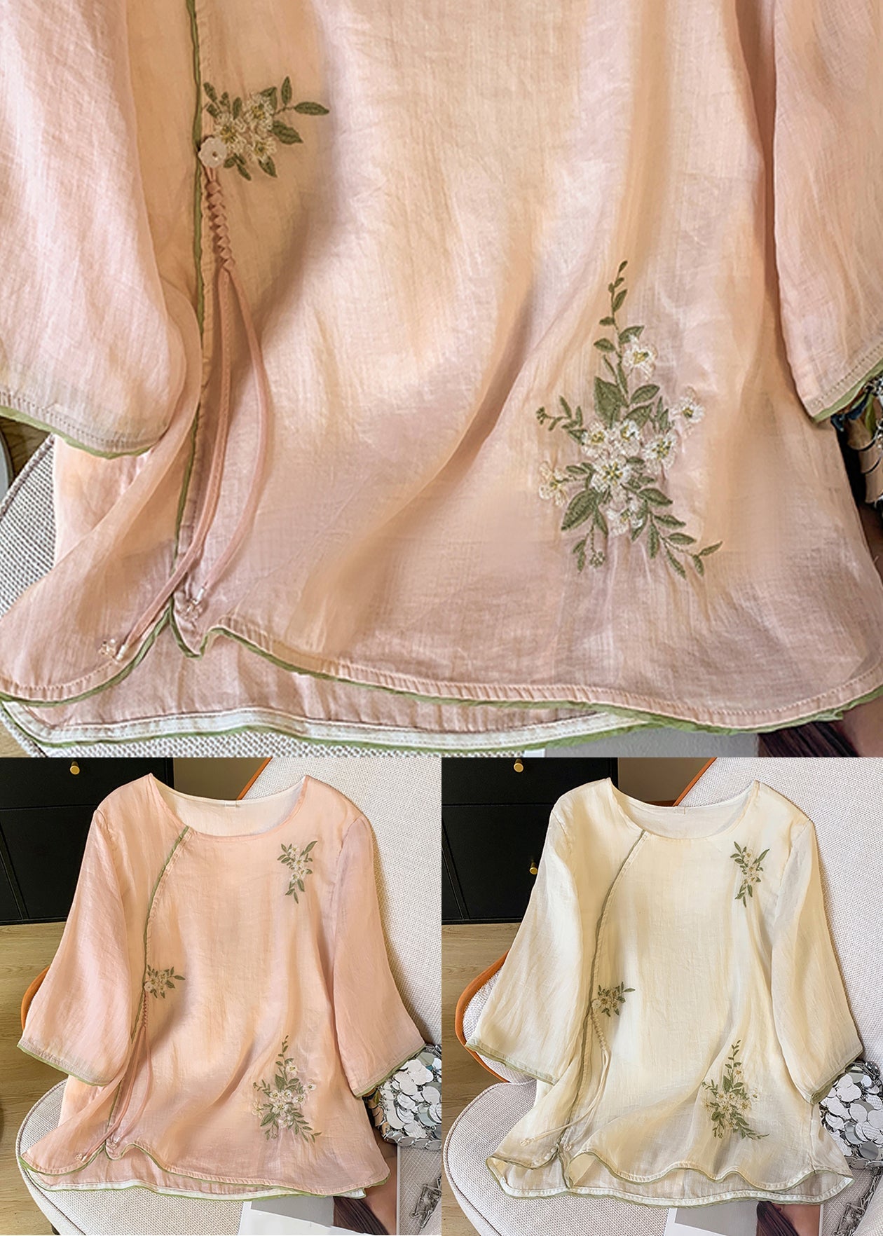 Apricot Embroidered Cotton Button Shirt Tasseled Spring