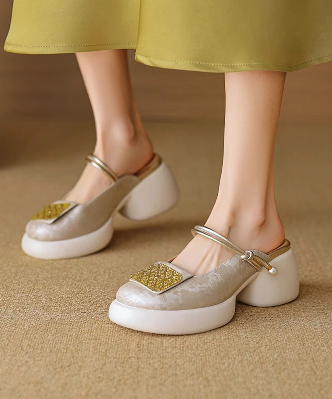 Slide Apricot Sandals Heel Chunky Splicing New Leather Faux