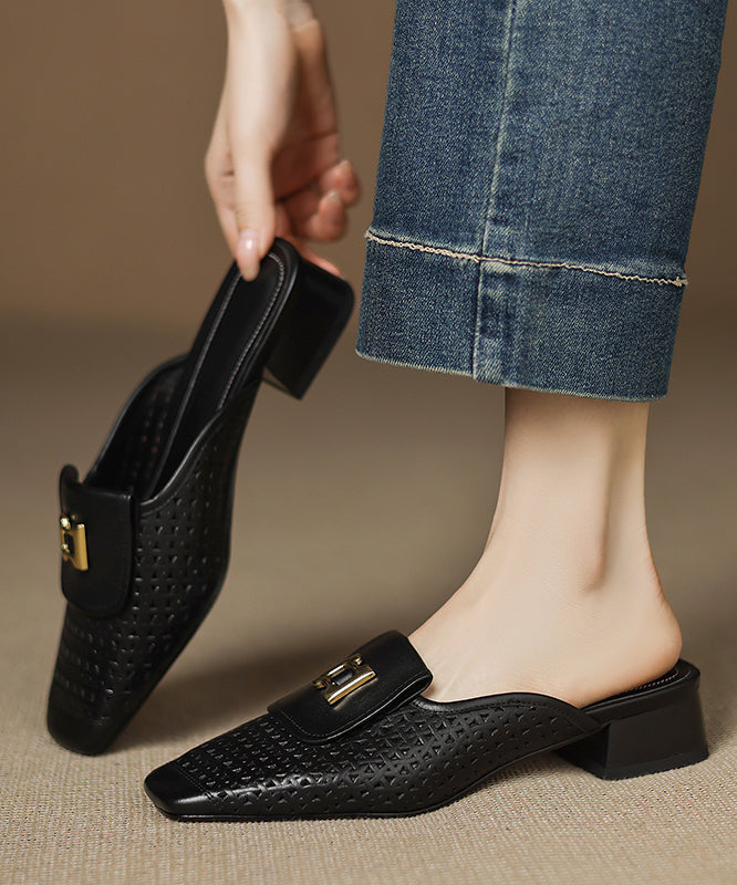 Sandals Slide Out Hollow Apricot Cowhide Splicing Leather