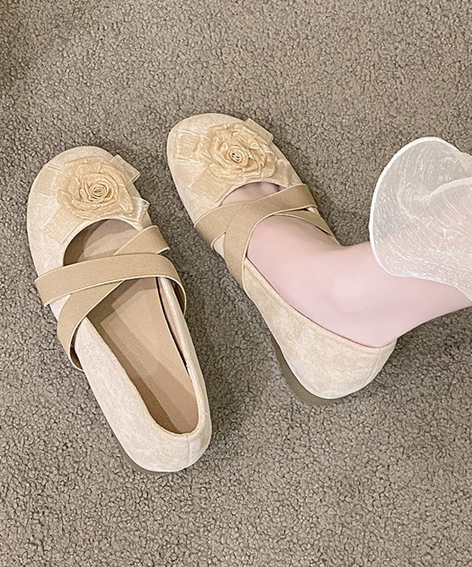 Flat Apricot Cross Feet Floral Splicing Suede Strap Shoes
