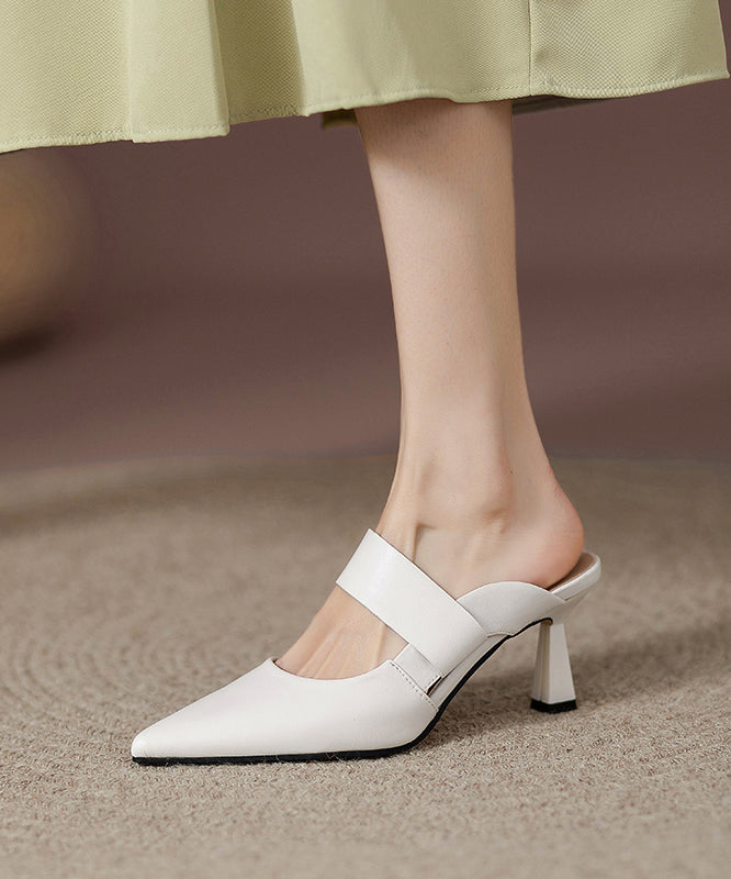 Leather Sandals Faux High Heels Slide Pointed Toe Fine Apricot