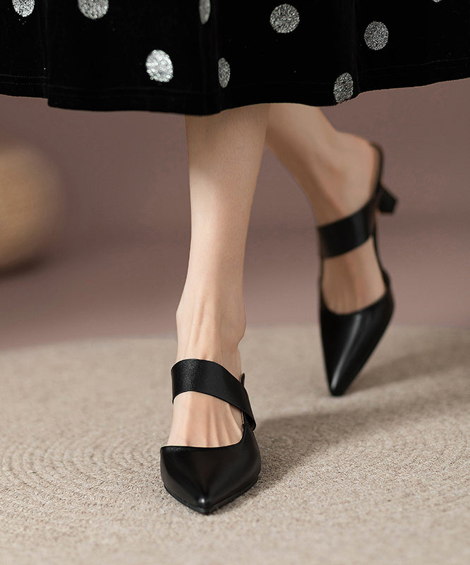 Leather Sandals Faux High Heels Slide Pointed Toe Fine Apricot