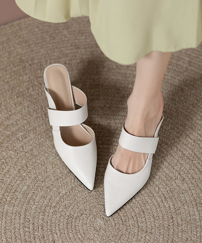Leather Sandals Faux High Heels Slide Pointed Toe Fine Apricot