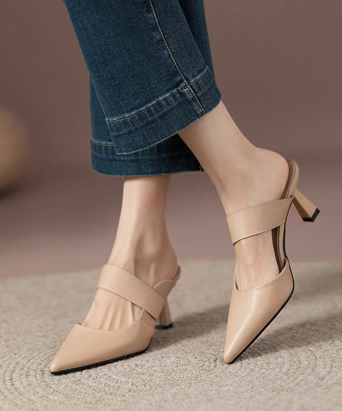 Leather Sandals Faux High Heels Slide Pointed Toe Fine Apricot