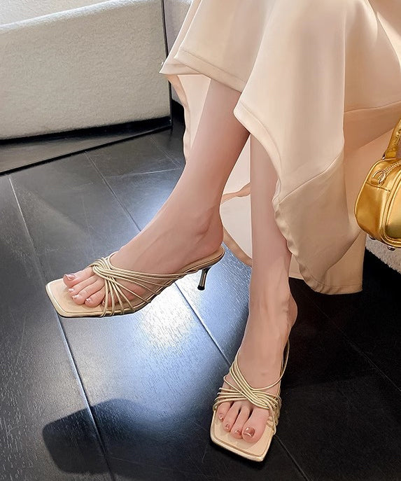 Slide Sandals Leather Faux Peep French Splicing Apricot Toe