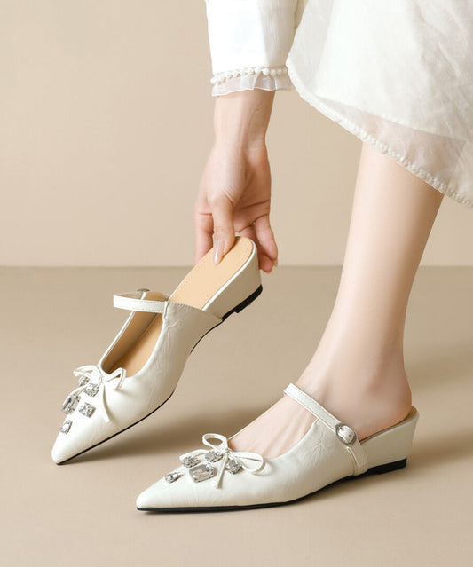 Faux Apricot Leather Pointed Zircon Slide Toe Sandals Splicing