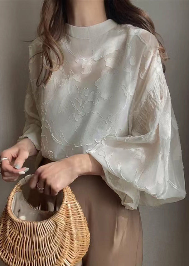 Chiffon Sheer Shirt Jacquard Lantern Apricot Sleeve