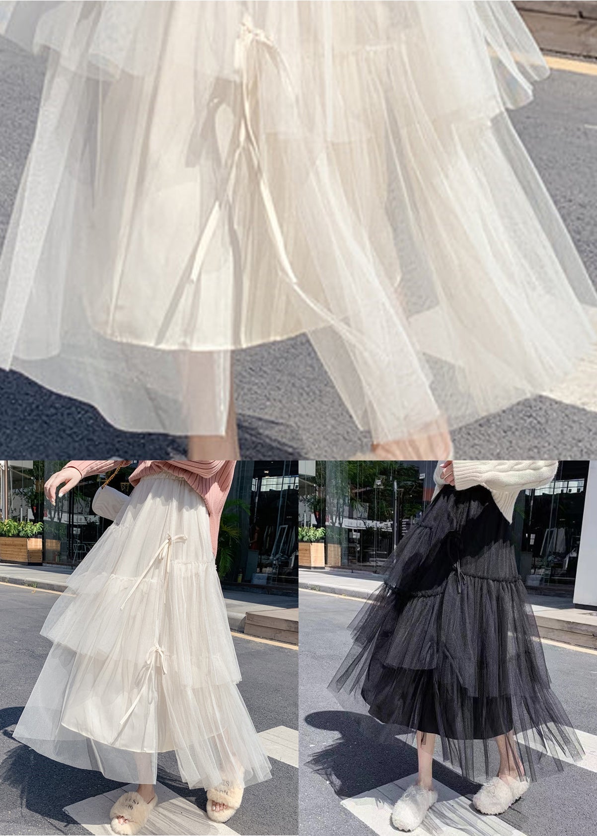 Apricot Lace Up Wrinkled Tulle Elastic Waist Skirt Ada Fashion