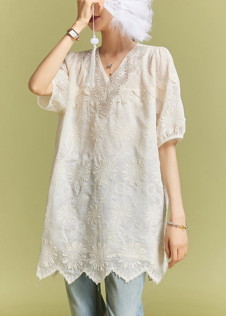 Apricot Nail Bead Lace Cotton Tops Short Sleeve AC1021