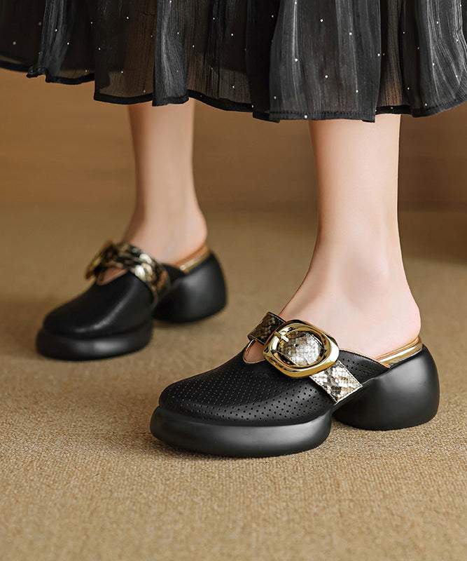 Sandals Slide Cowhide Apricot Hollow Out 2025 Leather Platform