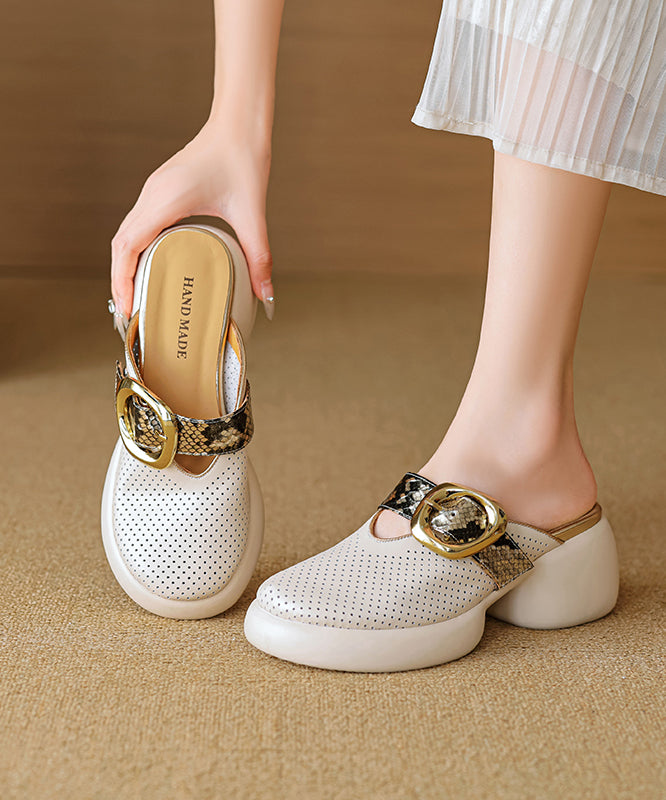 Sandals Slide Cowhide Apricot Hollow Out 2025 Leather Platform