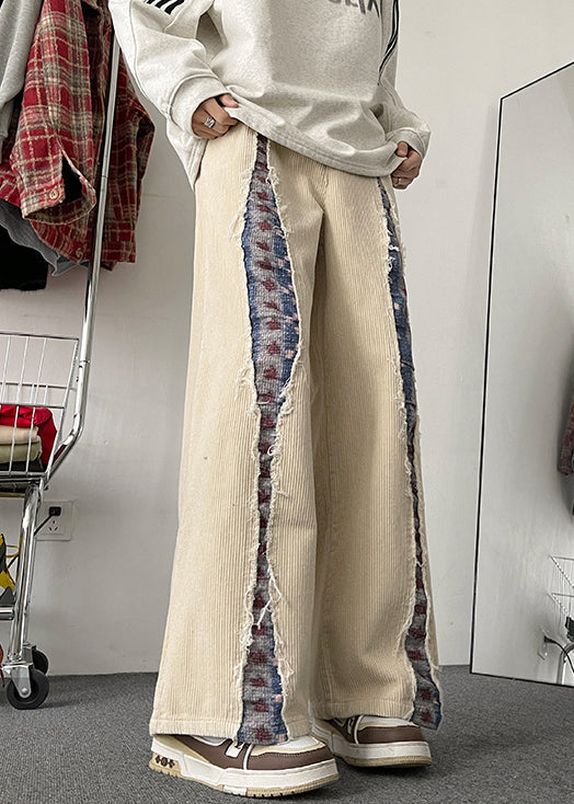 Men Wide Corduroy Elastic Pants Leg Apricot Pockets Patchwork