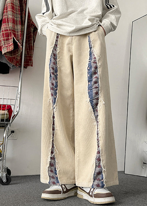 Men Wide Corduroy Elastic Pants Leg Apricot Pockets Patchwork