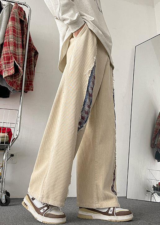 Men Wide Corduroy Elastic Pants Leg Apricot Pockets Patchwork