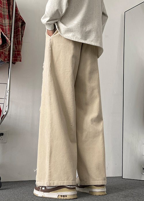 Men Wide Corduroy Elastic Pants Leg Apricot Pockets Patchwork