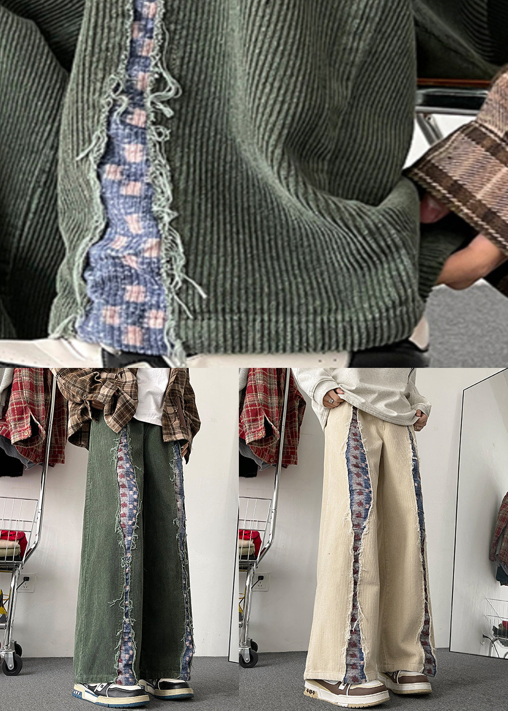 Men Wide Corduroy Elastic Pants Leg Apricot Pockets Patchwork