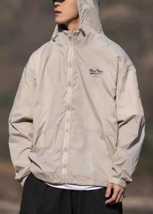 Coats Hooded Print Thin Silk Apricot Ice Pockets Summer Mens