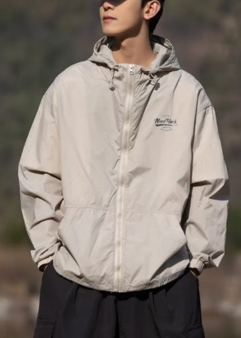 Coats Hooded Print Thin Silk Apricot Ice Pockets Summer Mens