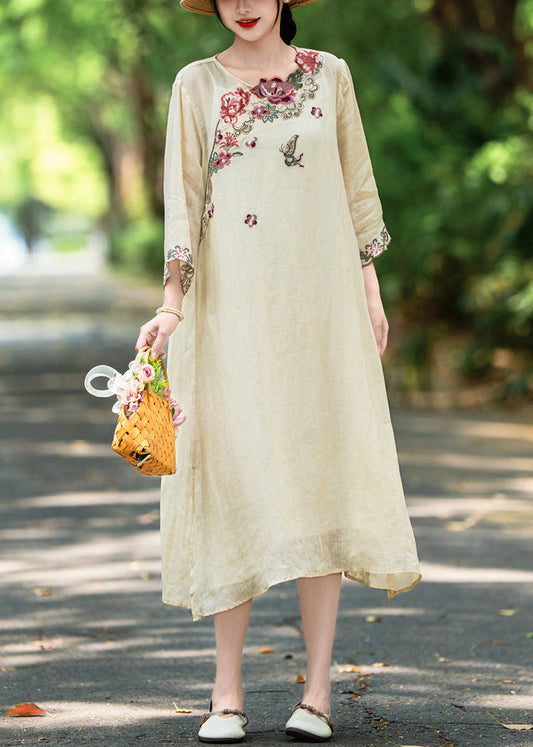 Side Linen Embroidered Dresses Sleeve Apricot Open Bracelet