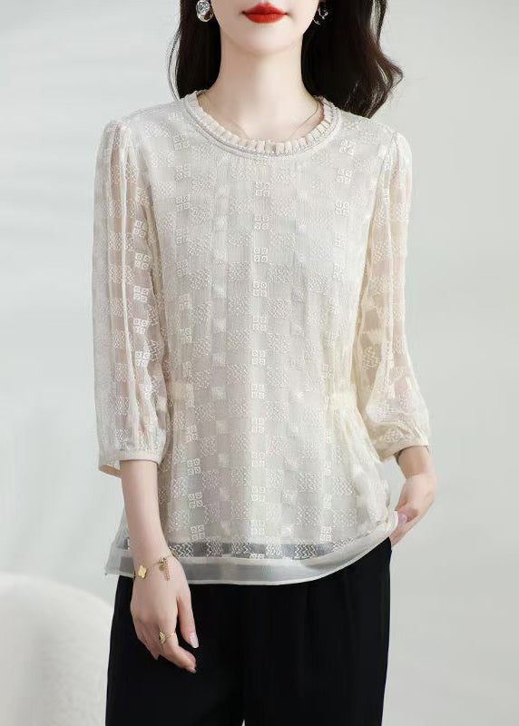 Neck Classy Silk Top Bracelet T O Shirt Apricot Embroidered