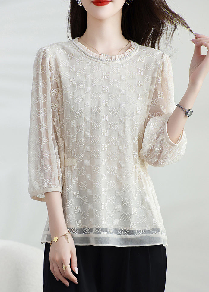 Neck Classy Silk Top Bracelet T O Shirt Apricot Embroidered