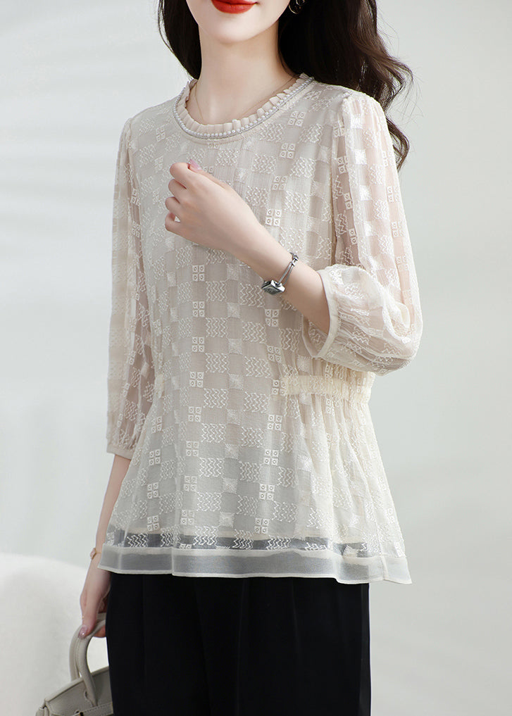 Neck Classy Silk Top Bracelet T O Shirt Apricot Embroidered
