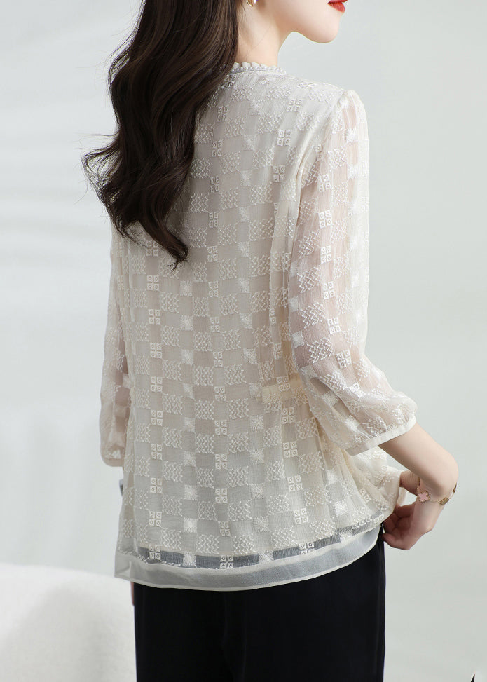 Neck Classy Silk Top Bracelet T O Shirt Apricot Embroidered