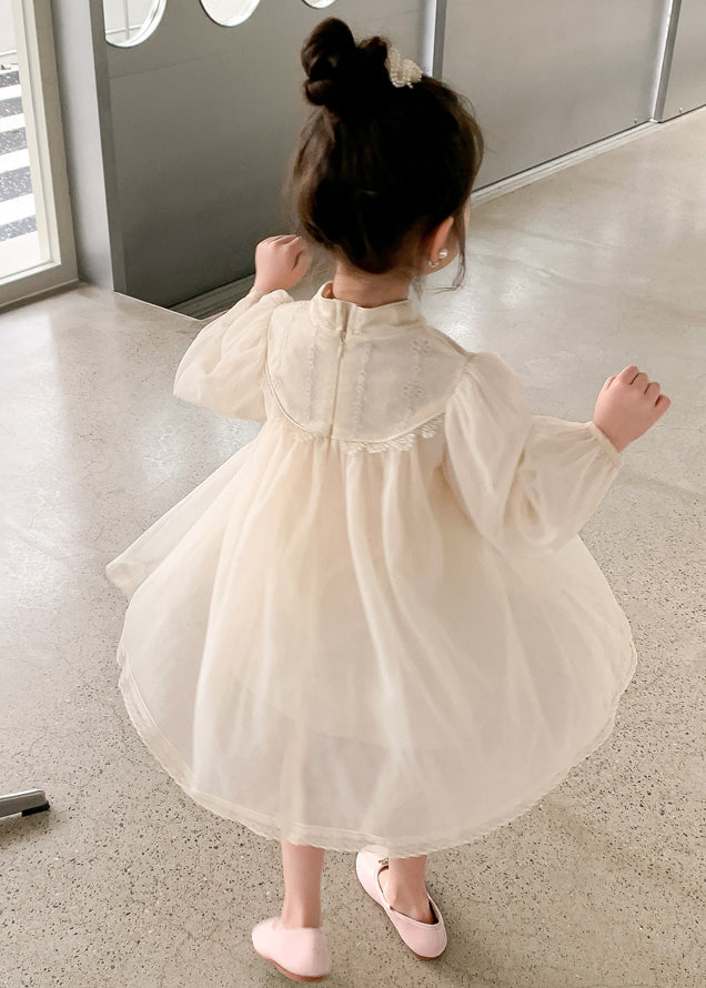 Robe en tulle à pompons et fermeture éclair pour fille, abricot, col montant, automne XZ058