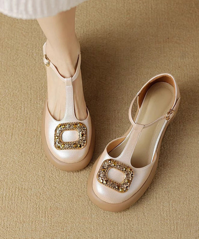 Hollow Chunky Heels Zircon Splicing Apricot Out Sandals