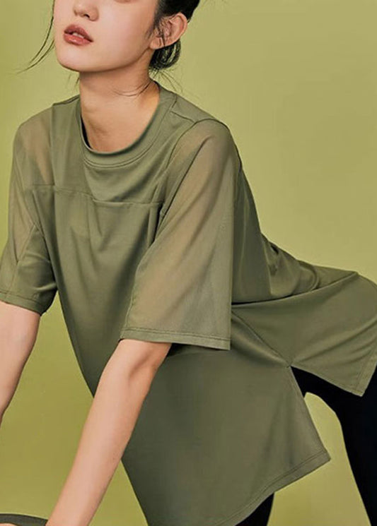 Tops Side Open Green Army Patchwork Summer Yoga