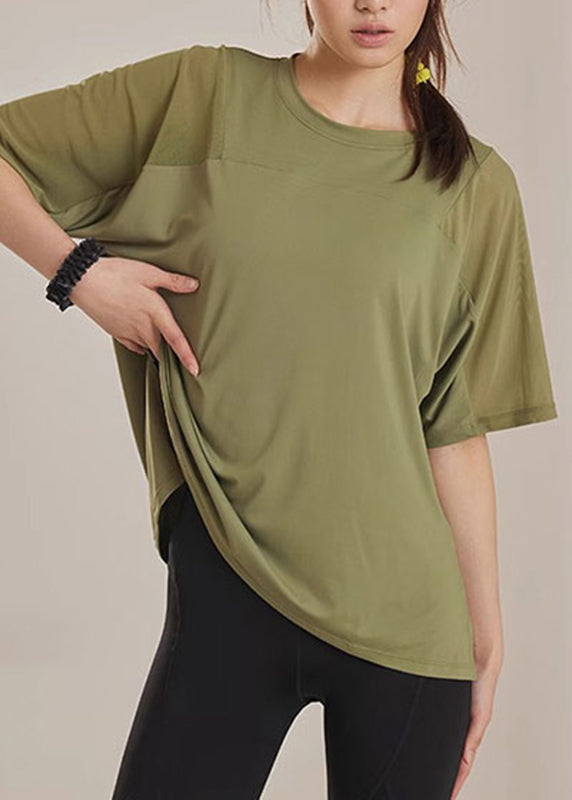 Tops Side Open Green Army Patchwork Summer Yoga