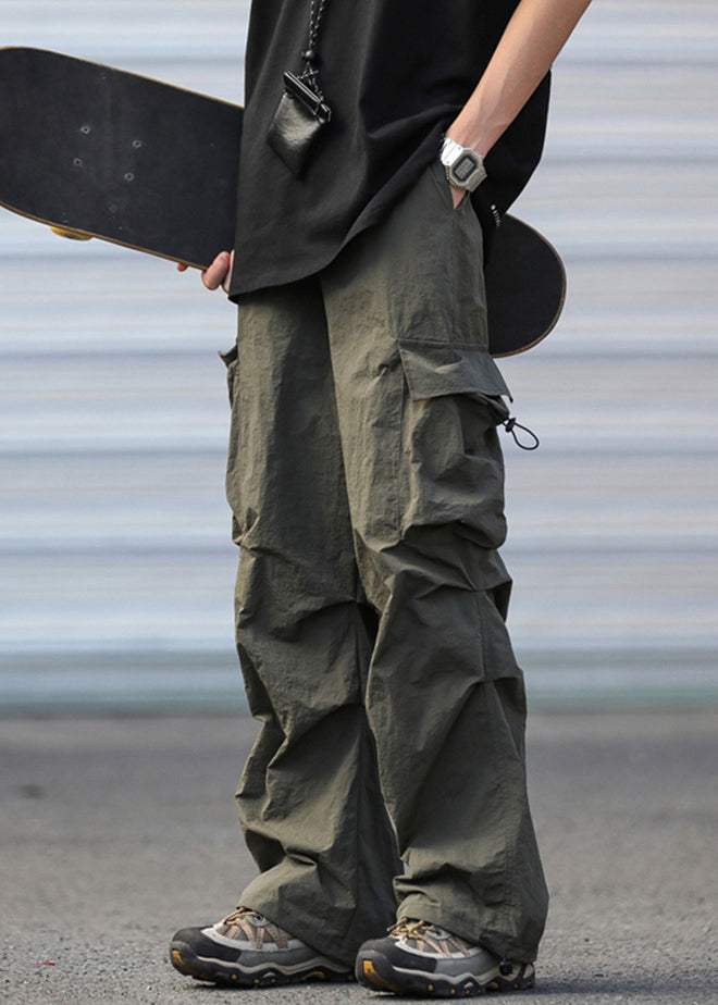 Green Cotton Drawstring Pants Army Summer Pockets Men Casual