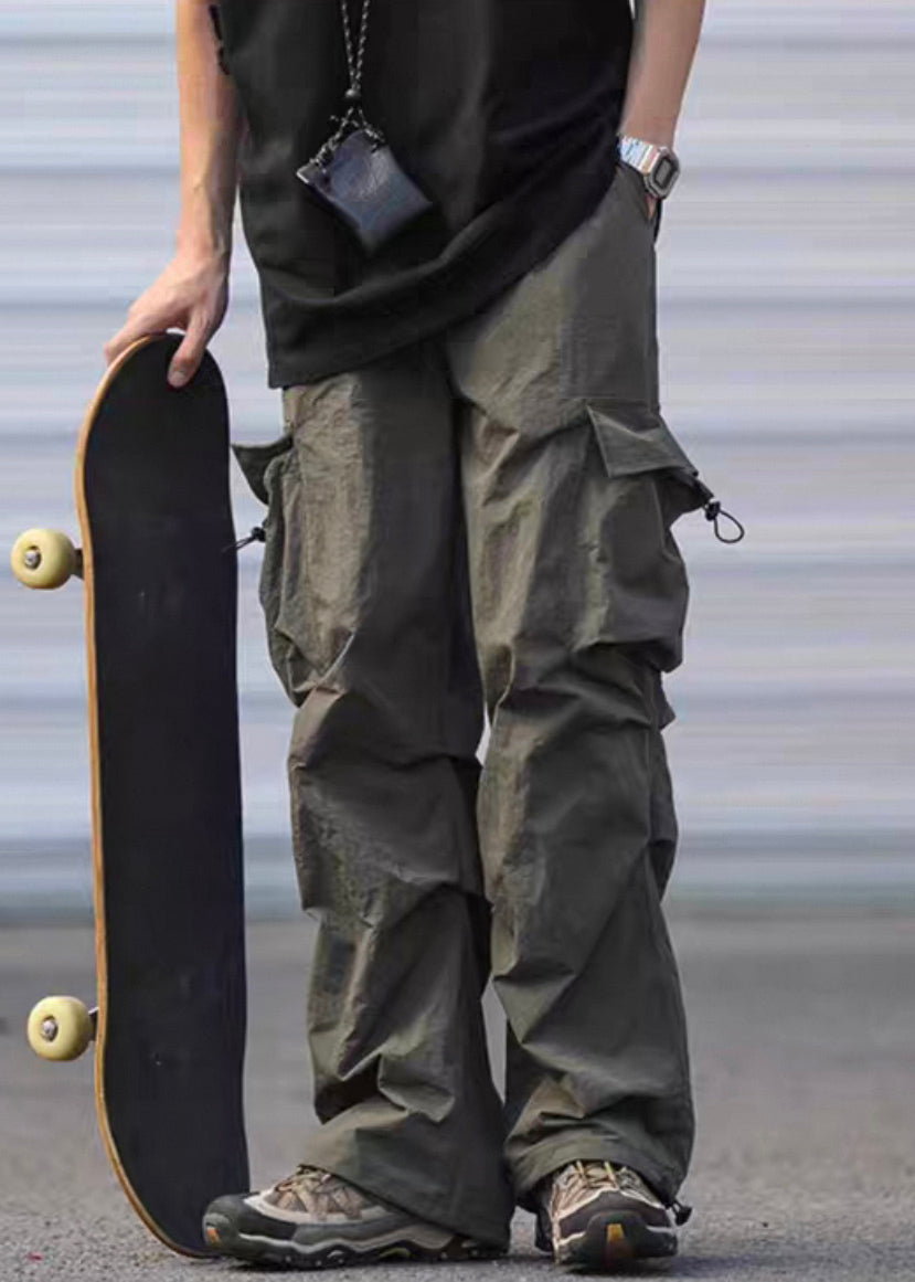 Green Cotton Drawstring Pants Army Summer Pockets Men Casual