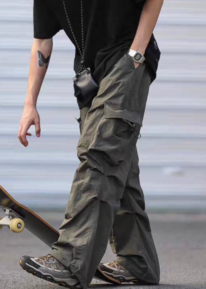 Green Cotton Drawstring Pants Army Summer Pockets Men Casual