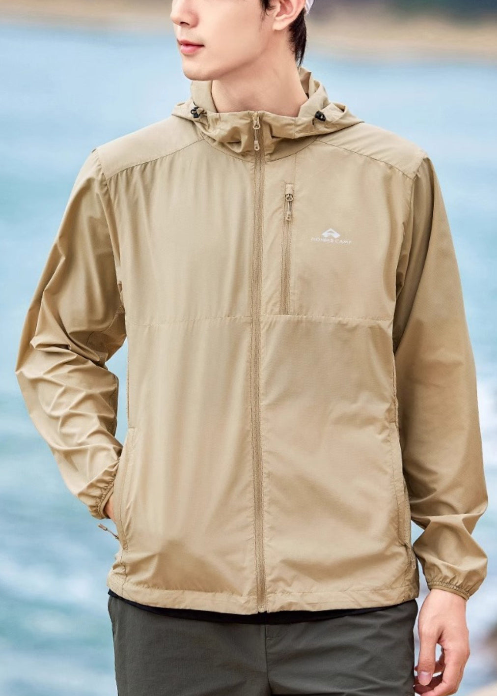 UPF Army Pockets Zippered Summer Hooded Coat Green Mens 50+