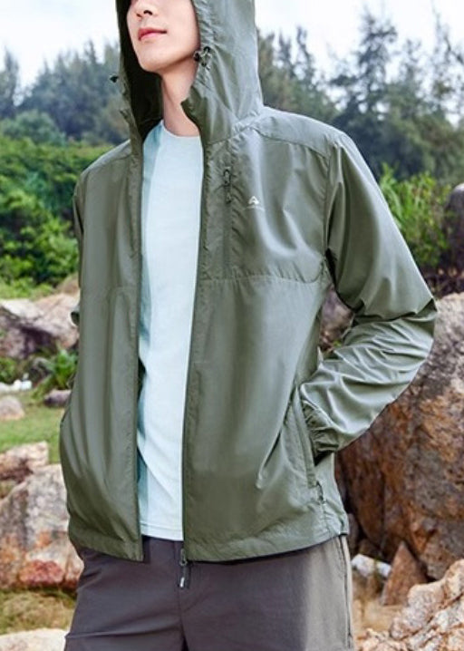 UPF Army Pockets Zippered Summer Hooded Coat Green Mens 50+