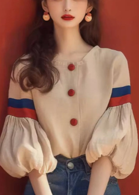 Apricot Patchwork Sleeve Cotton O-Neck Blouse Lantern Art