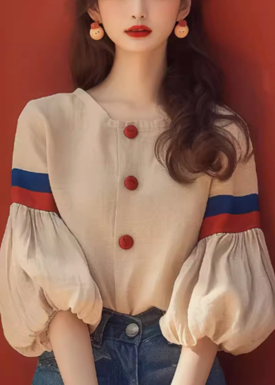 Apricot Patchwork Sleeve Cotton O-Neck Blouse Lantern Art