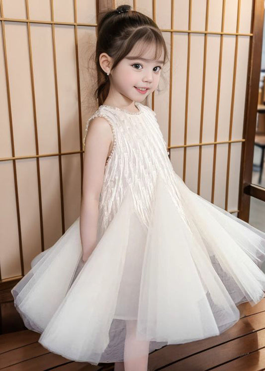 Art Apricot O-Neck Patchwork Tulle Girls Long Dress Sleeveless XZ030