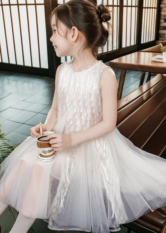 Art Apricot O-Neck Patchwork Tulle Girls Long Dress Sleeveless XZ030