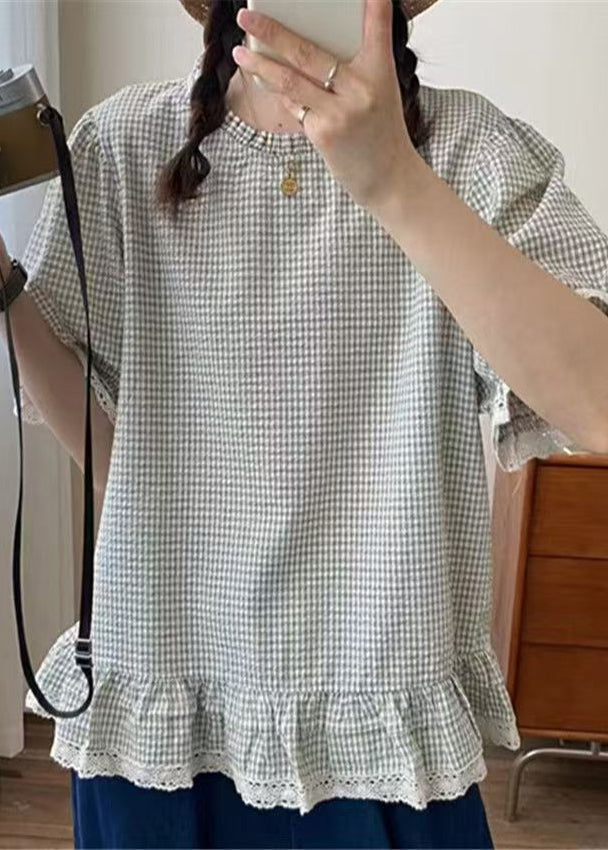 Summer Art Shirt Cotton Ruffles Apricot Plaid