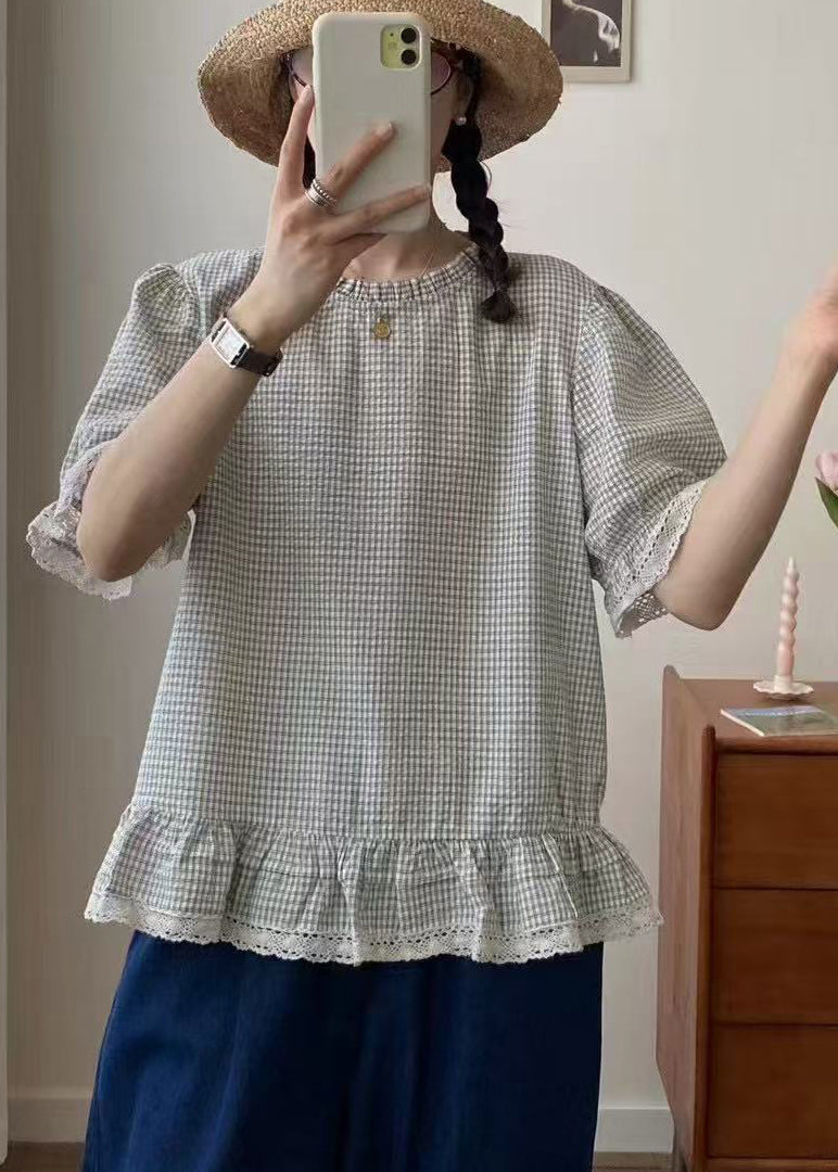 Summer Art Shirt Cotton Ruffles Apricot Plaid