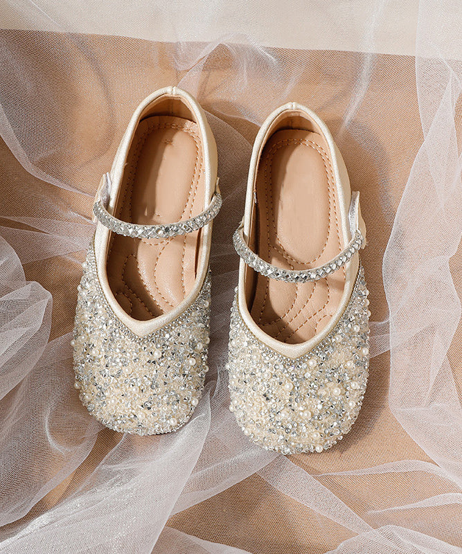 Soft Sequins Flat Strap Art Buckle Girls Shoes Apricot
