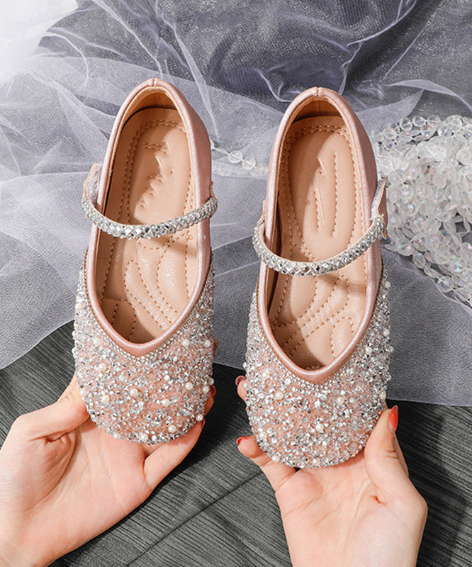 Soft Sequins Flat Strap Art Buckle Girls Shoes Apricot