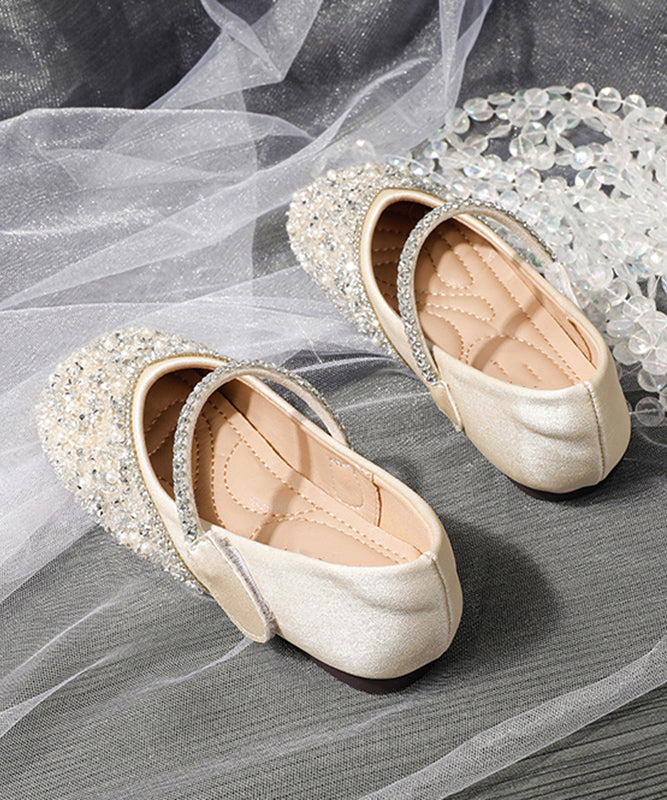 Soft Sequins Flat Strap Art Buckle Girls Shoes Apricot