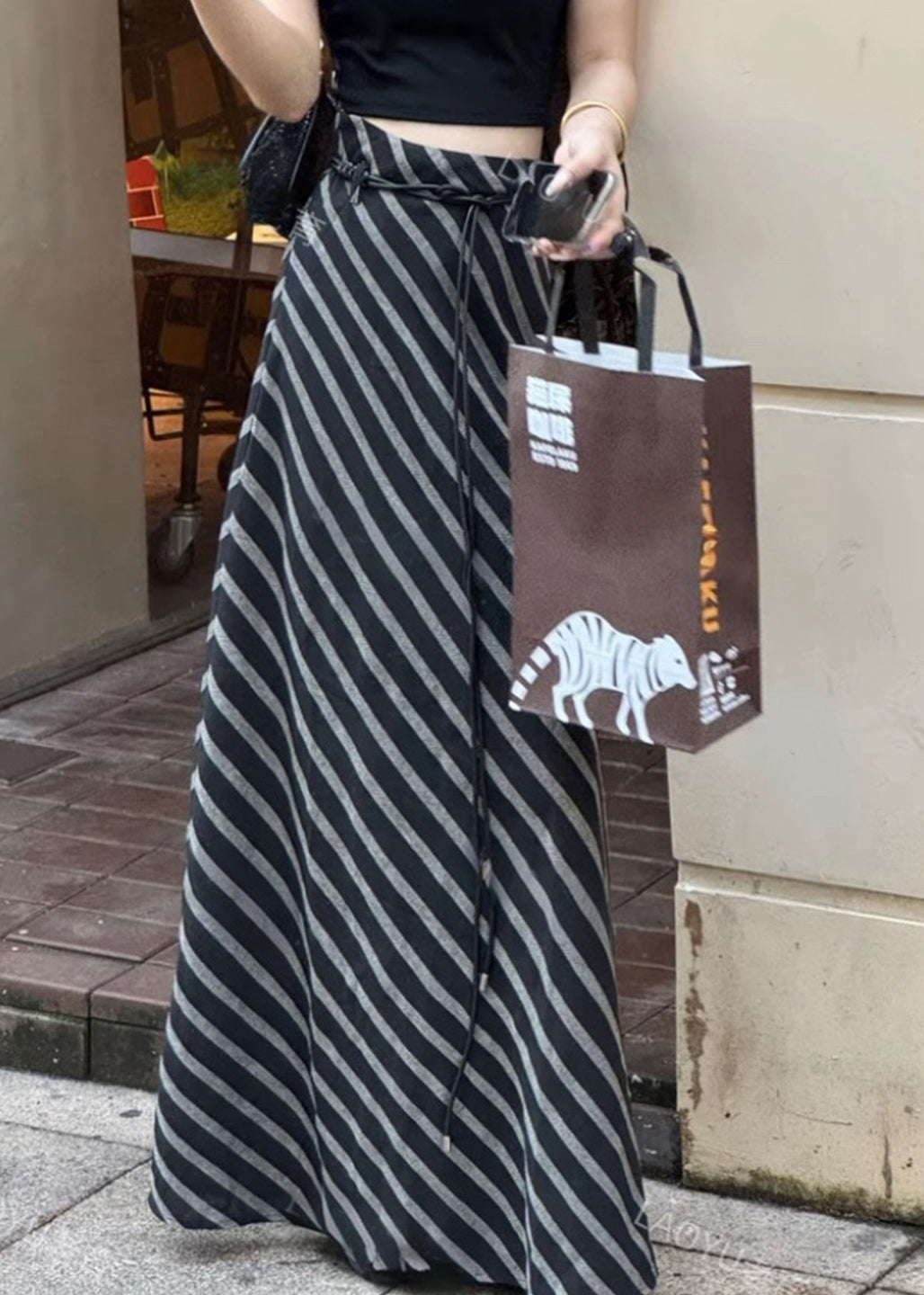 Apricot Cotton Skirts Waist Art Striped High Summer