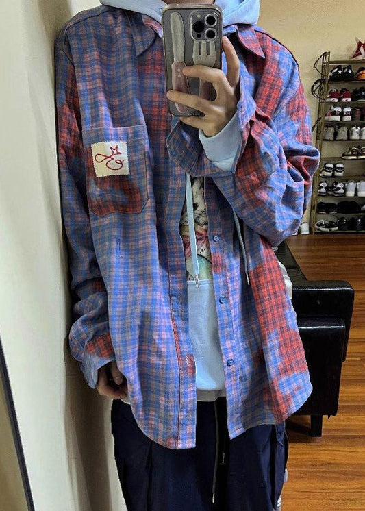 Plaid Asymmetrical Spring Men Art Shirts Cotton Pockets