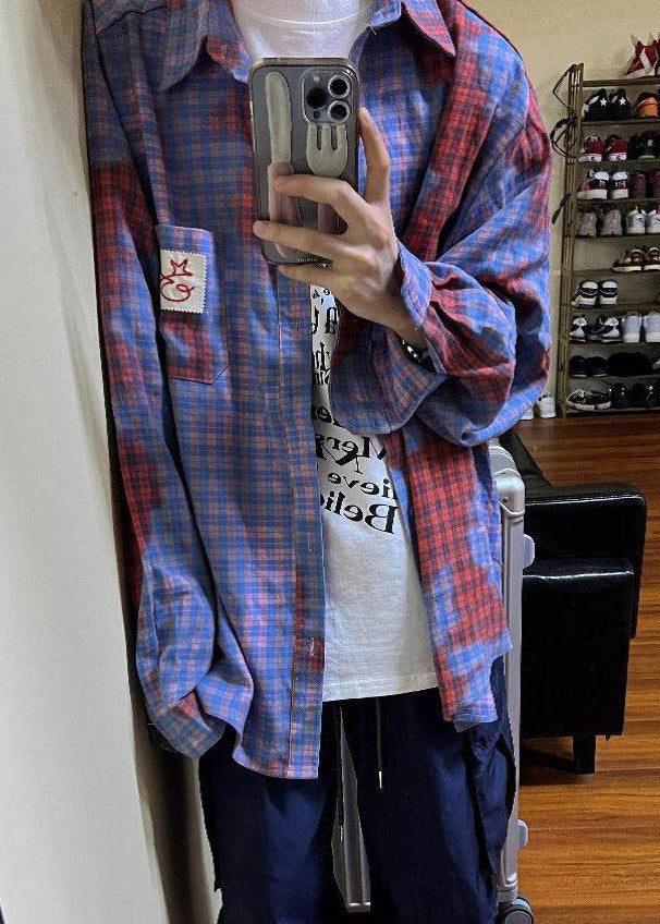 Plaid Spring Pockets Cotton Art Men Asymmetrical Shirts