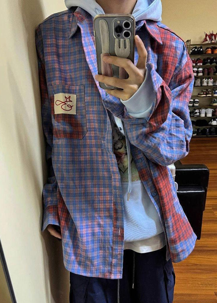 Plaid Asymmetrical Spring Men Art Shirts Cotton Pockets