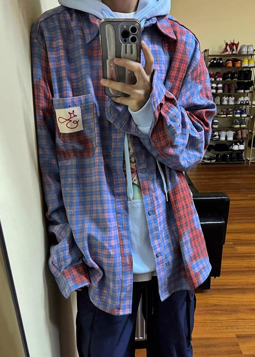 Plaid Asymmetrical Spring Men Art Shirts Cotton Pockets